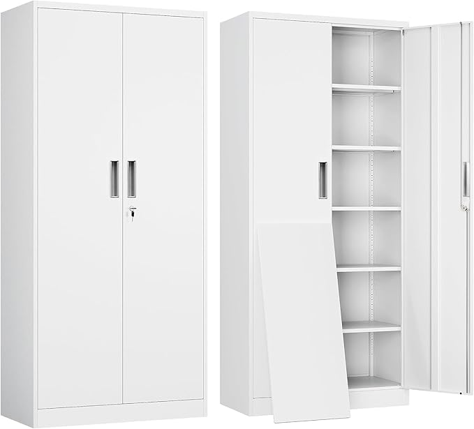 71" H Tall Metal Storage Cabinet with Lock and 5 Adjustable Shelves, Metal Garage Storage Cabinet for Home, Office, Garage, Warehouse Organize, White