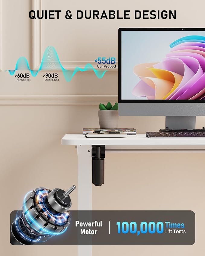 48" Electric Standing Desk Adjustable Height, Sit Stand up Desk for Home Office & Computer Workstation, 2 Memory Height Settings, Splice Board, 2 Hooks, White Frame/White Top