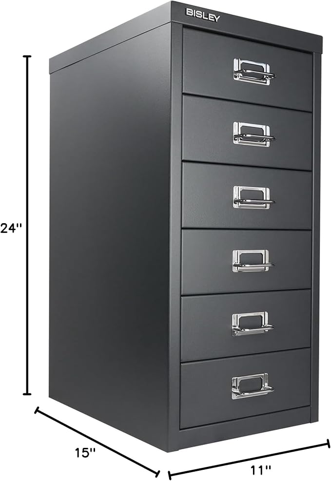 Bisley 6-Drawer Steel MultiDrawer Cabinet - Anthracite Grey, Chrome Pull Handles with Label Holders, Powder-Coated Steel, Removable Drawers, Fits Under Most Desks, Labels Included