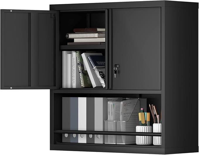 Metal Garage Storage Cabinets, Lockable Black Cabinet, Tool Cabinets Storage Wall Mounted, Hanging Cabinet with Guard Bar for Home Office, Basement