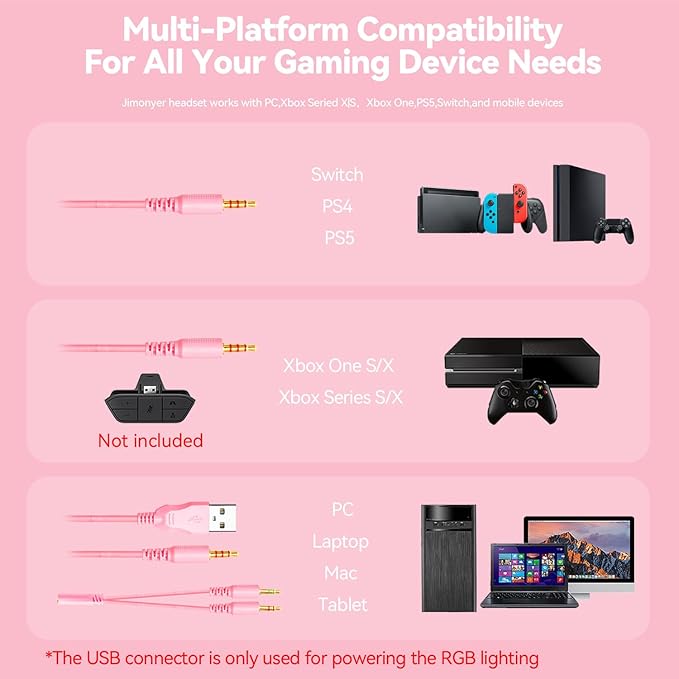 Jimonyer Gaming Headset for PC/PS4/PS5/Xbox One/Switch, Stereo Surround Sound Gaming Headphones with Noise Canceling Flexible Mic, Computer Headset with 3.5mm Jack & RGB Light (Pink)