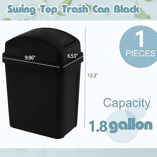 1.8 Gallon Plastic Bedroom Trash Can, Small Garbage Can with Swing Lid, Black