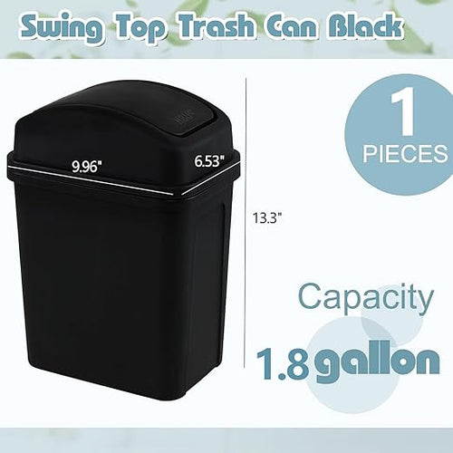 1.8 Gallon Plastic Bedroom Trash Can, Small Garbage Can with Swing Lid, Black