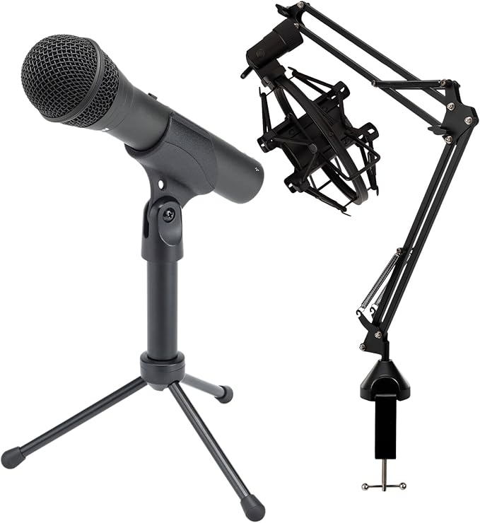 SAMSON Q2U Handheld Dynamic XLR/USB Microphone Bundle with Desktop Boom Arm Stand, Shock Mount, and Pop Filter (4 Items)