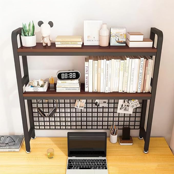 Desktop Hutch Bookshelf, 2-Tier Metal Desk Shelf with Grid Panel, Wooden Desktop Display Rack for Computer Monitor, Countertop Storage Organizer for Office Home Dorm (Black)