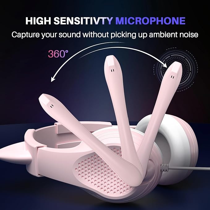 Pink Gaming Headset with Mic, Cat Ears, Stereo Surround Sound Wired Over Ear Headphones with Microphone, Soft Ear Pads, Noise Cancelling for Girls, Teens, Women
