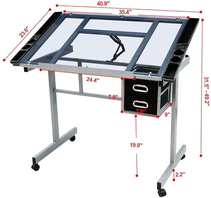 Topeakmart Glass Drafting Table Rolling Drawing Desk Artists Art Craft Desk w/2 Slide Drawers and Wheels for Home Office School