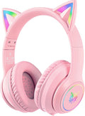 Cat Ear Bluetooth Headphones with Micphone for Kids & Adults, LED Light Up Wireless HI-FI Sound Quality, Over-Ear Headphones with Volume Control for iPhone/iPad/Laptop/PC(55H Play Time)