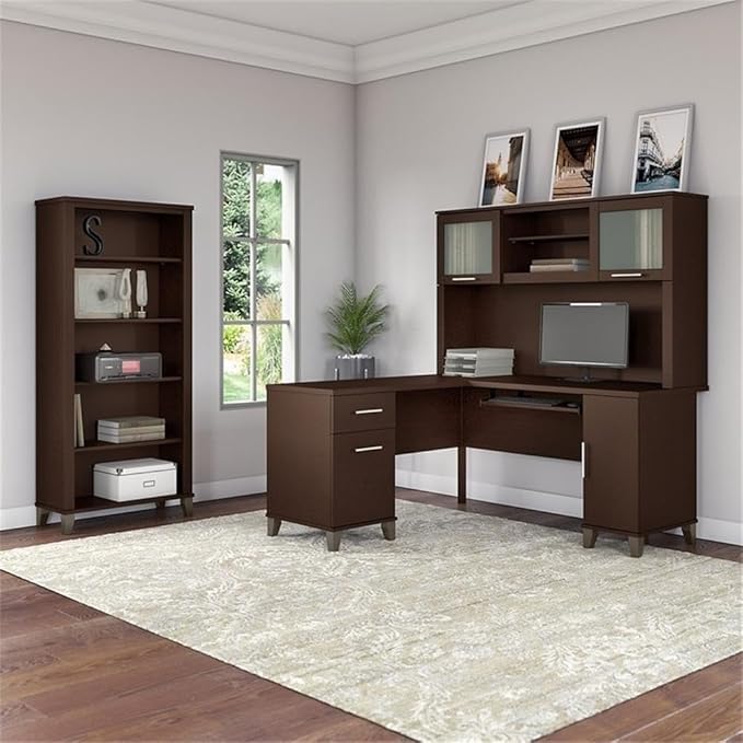 Pemberly Row 60W L Shaped Desk with Hutch and 5 Shelf Bookcase, Cherry Finish, Wire Management, Frosted Glass Doors, Adjustable Shelves, Transitional Style Office Set for Home or Small Office Use