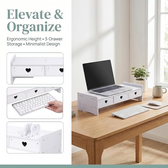 Tofficu Computer Monitor Stand Riser with 3 Drawers - Desktop Organizer with Phone Holder, White Desk Shelf for Laptop, Office Supplies & Workspace Storage