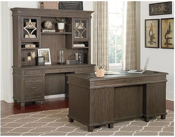 BOWERY HILL Set of 2 Credenza Office Desk Writing Table and Open Bookcase - Gray