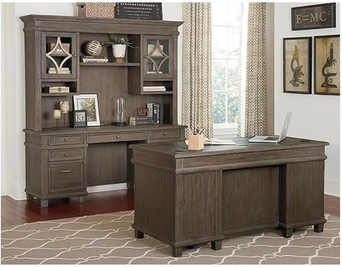 BOWERY HILL Set of 2 Credenza Office Desk Writing Table and Open Bookcase - Gray