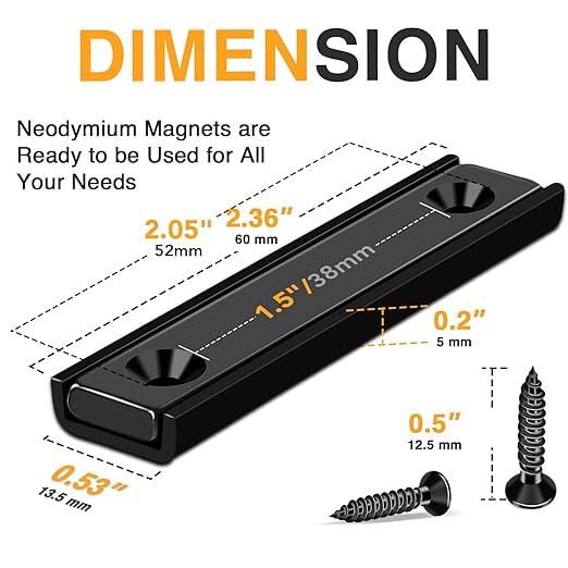 TRYMAG Neodymium Rectangular Magnets 80Lbs, 60 x 13.5 x 5mm Strong Black Bar Magnets with Countersunk Hole and Steel Capsule, Heavy Duty Industrial Rare Earth Magnets with Screw for Mounting, 15 Pack