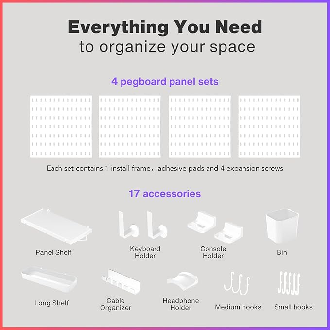 Keepo Peg Board Wall Organizer for Gaming Setup, Pegboard with Adhesives & Screw Mounts, Includes Peg Board Accessories for Gaming Accessories, Tech Storage & Office Organization (White, 22″×22″)