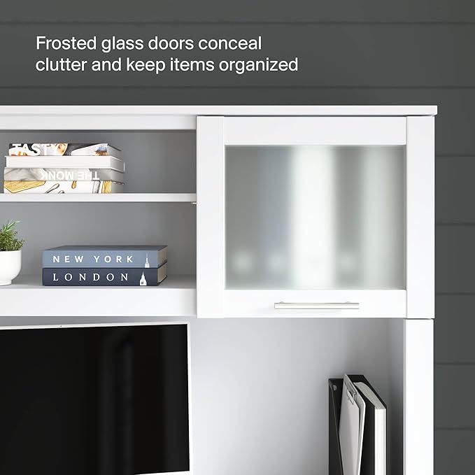Bush Home 60-Inch Desk Hutch, Office Storage Organizer with Shelves, Cubbies and Frosted Glass Doors for Computer Desk, Home Office Furniture, Somerset Collection, White