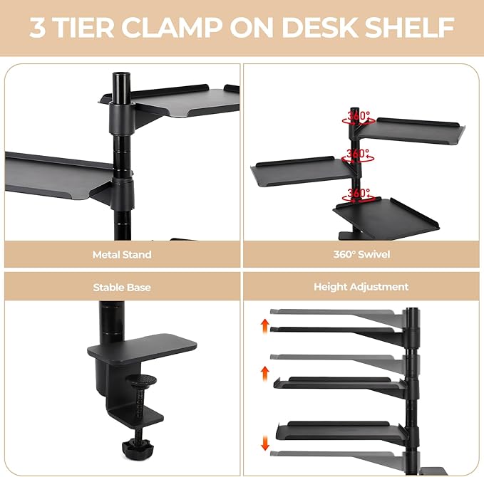 FAHKNS Multifunctional Desk Clamp Shelf，3-Tier Clamp on Desk Shelf，Ergonomics Metal Desk Extension for Home/Office/Game Room，Tabletop Book Storage Rack，Desktop Thickness 0.4-2.2”