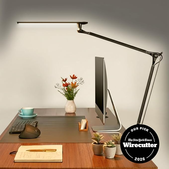 UPLIFTDESK E7 LED Desk Lamp - Adjustable 3 Color Modes, Dimmable Home Office Desk Light for Standing Desk, Dual Monitors, Aluminum Task Lamp (Silver Base)