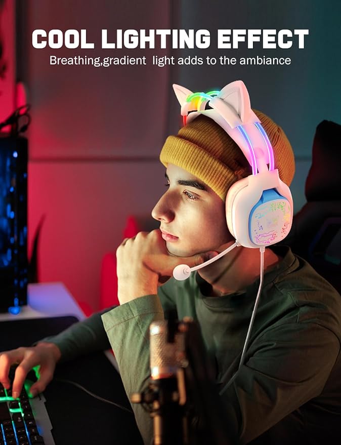 Gaming Headset with Microphone, RGB Lights, Detachable Cat Ear, Lightweight Over-Ear Headphones with Adjustable Headband for PC, PS4, PS5, Mac, Switch, Surround Sound, in-Line Control, White