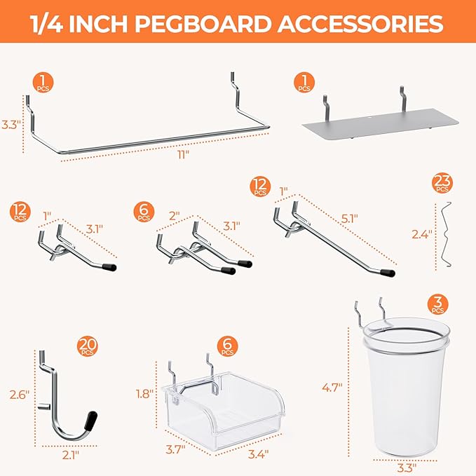 INCLY 90PCS Metal Peg Board Kit with 1/4" Pegboard Accessories, 6 Pack White Peg Board Panels, Bins, Cups and Peg Board Hooks, Paper Towel Holder,Pegboard Wall Organizer for Craft Room, Office, Sewing