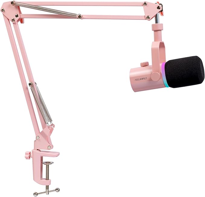 FEELWORLD PM1 XLR USB Dynamic Microphone with Boom Arm Gifts for Podcast Recording PC Computer Gaming Live Streaming Vocal Voice-Over, Studio Metal Mic, RGB Light, Mute Button, Headphones Jack (Pink)