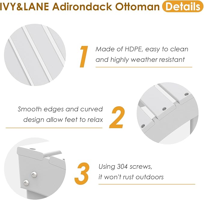 IVY&LANE Outdoor Adirondack Ottoman | Folding | HDPE | White | All Weather | Waterproof Patio Footrest for Adirondack Chair | Poly Lumber Foot Rest for Deck Backyard