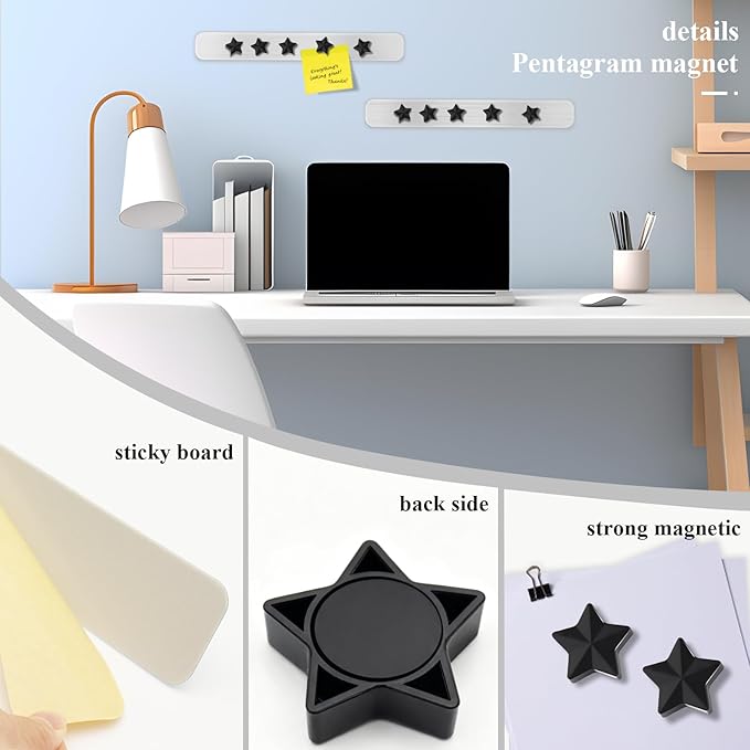 Magnetic Board - Frameless Stainless Iron Magnetic Strips with Adhesive Backing, 4pcs Magnet Board for Wall, Bulletin Bar Board with 10 Pieces Black Star Magnet, Memo Bar for Office School Home