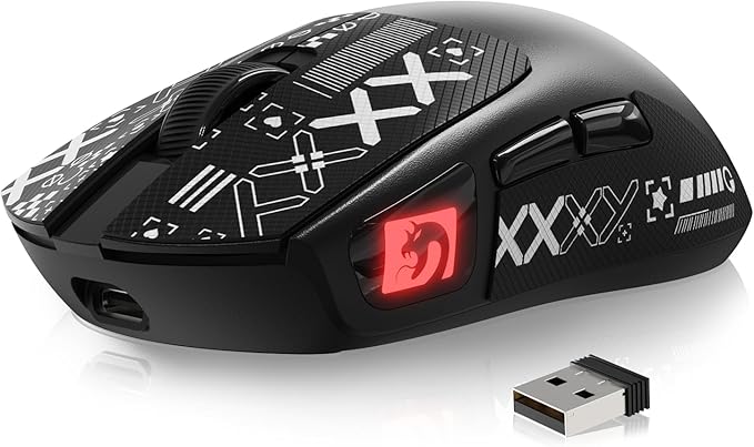 MAMBASNAKE M4 Ultra-Light Wireless Gaming Mouse 52g, 24000 DPI PAW3311 Optical Sensor,2.4G/BT/Wired Ergonomic Computer Mice, RGB Lighting,400mAh Battery, Programmable Mouse for PC/Win/MAC-Black &Tape