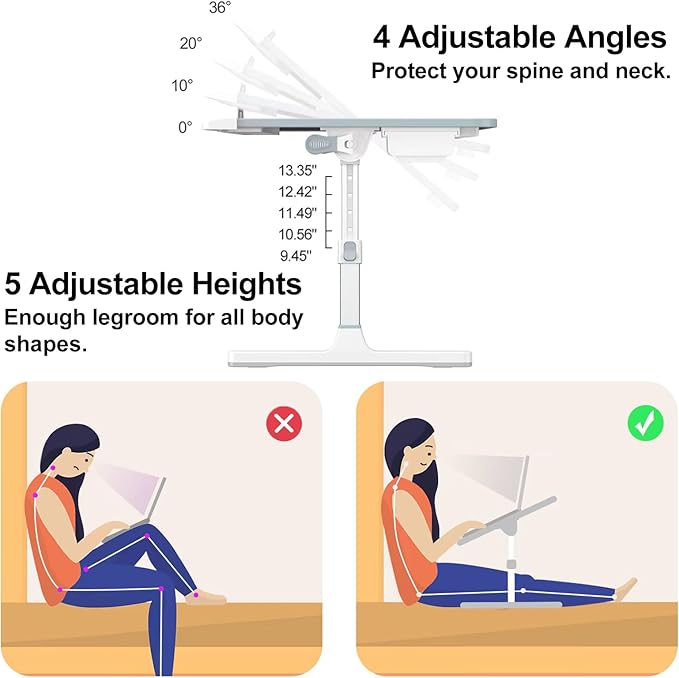 HETTHI Laptop Bed Desk, Adjustable Laptop Lap Desk with Drawer, X-Large Foldable Bed Table Tray for Bed Couch Floor Desk Writing Working Reading Eating Painting (Marble, 23.6"×15.7")