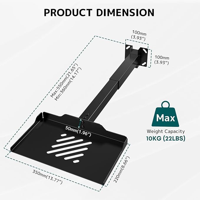 Projector Ceiling Mount with Tray, Adjustable Height Universal Bracket with Concealed Cable Management, No Hole Installation, Holds up to 22 lbs – Ideal for Home Theater & Office (Black)