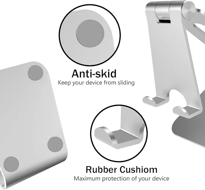 Phone & Tablet Stand Adjustable Multi‑Angle Aluminum Phone & Tablet Stand Adjustable Non‑Slip Dock/Cradle/Charging Station for Desktop, Bed, Kitchen, Office (Silver)