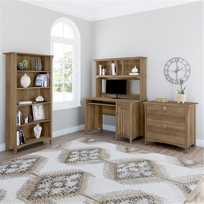Pemberly Row Office Set, Desk with Hutch, Storage Cabinet & 5-Shelf Bookcase, Engineered Wood, Reclaimed Pine Finish, Compact Workspace Furniture for Home Office