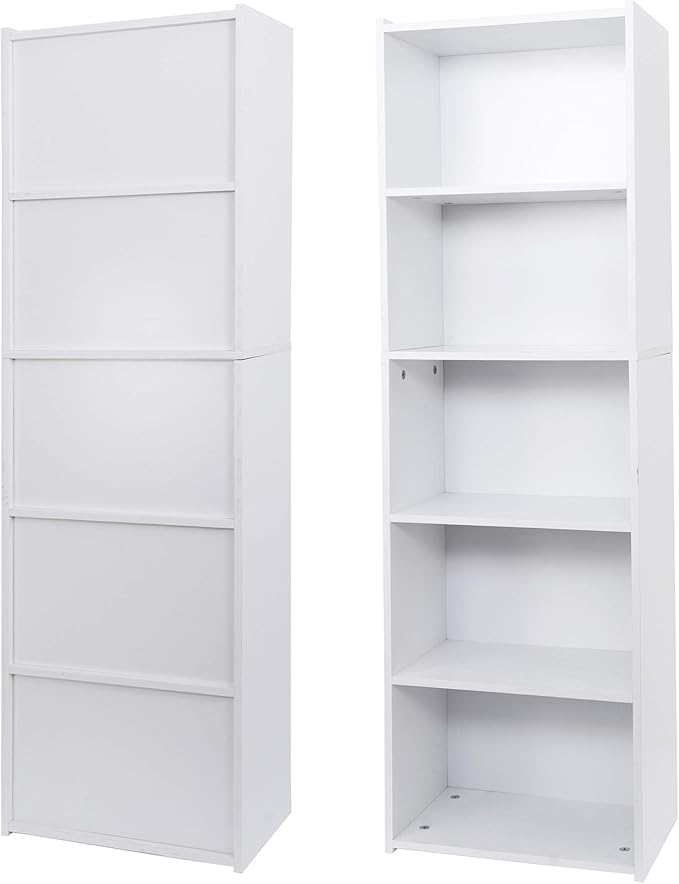 5 Tier Open Bookshelf, 52 Inch Bookcase Storage Rack for CDs Movies Book, Freestanding Wood Open Bookshelf for Living Room Bedroom Study Office, White