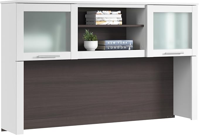 Bush Home 60-Inch Desk Hutch, Office Storage Organizer with Shelves, Cubbies and Frosted Glass Doors for Computer Desk, Home Office Furniture, Somerset Collection, Storm Gray and White