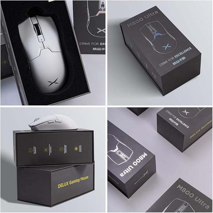 DELUX M800Ultra Wireless Gaming Mouse, 55g Lightweight, Nordic 52840 MCU, 1000Hz Polling Rate, PAW3395 Sensor, 26000DPI, Up to 120 Hrs Battery Life, Tri-Mode Connection, Huano Switches (600mAh-White)