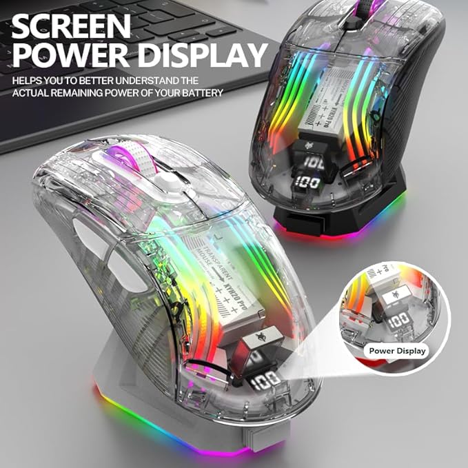 Wireless Gaming Mouse with Transparent RGB Mechanical, Tri-Mode 2.4GHz/Bluetooth/Wired Mouse, Charging Base, Digital Display,Silent Mice, 7 Buttons, Computer Mouse for Gaming and Esports (White)
