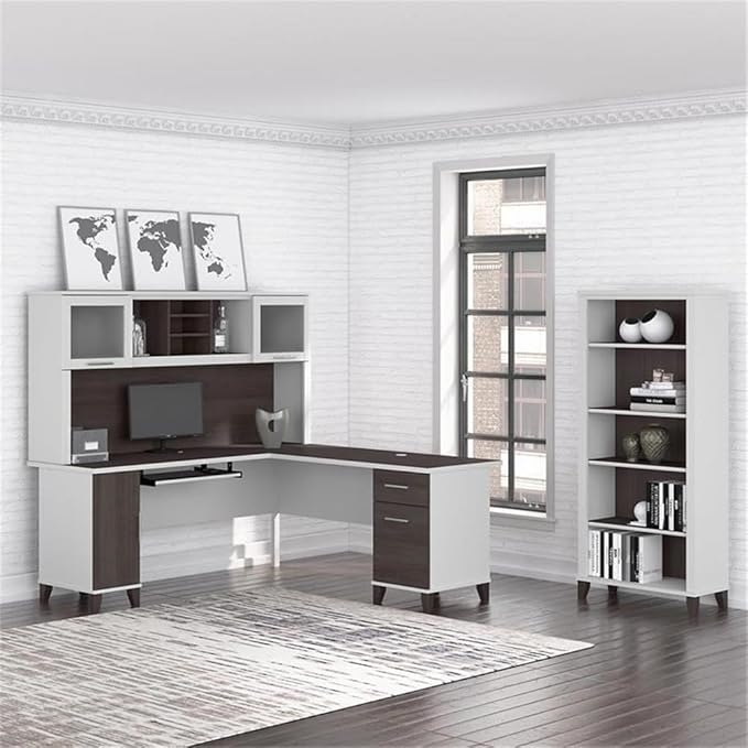Bush Furniture Somerset 72W L Shaped Desk with Hutch and 5 Shelf Bookcase in White and Storm Gray