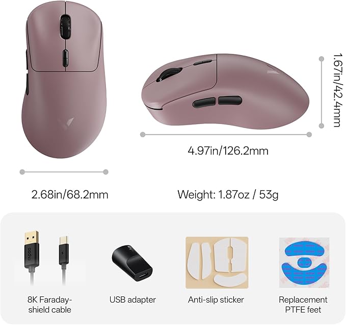 Rapoo VT3 Gen-2 Wireless Gaming Mouse, True 8K Wireless Polling Rate, 53g Lightweight, Up to 750 Hr Battery, Nordic nRF54L15 MCU, 100-Million Mechanical Switch, 10 Programmable Buttons, Macro Enabled