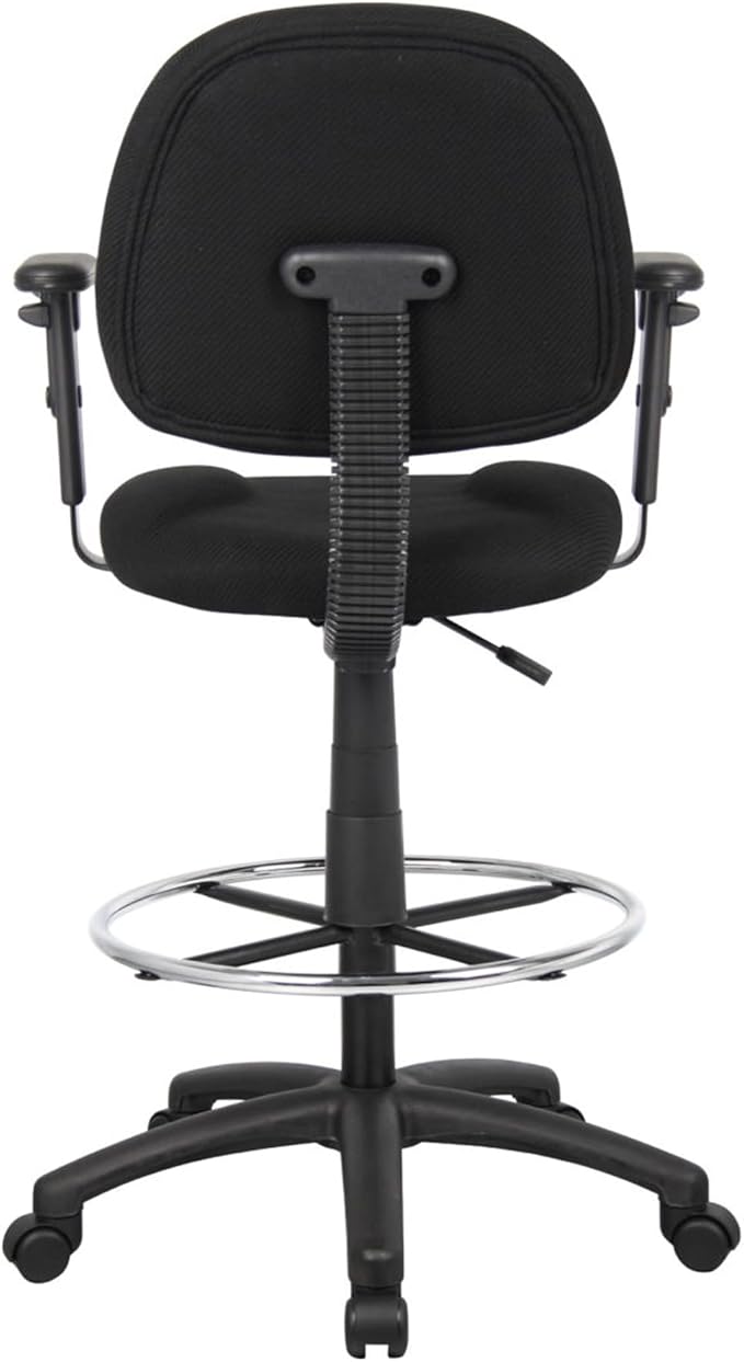 Benzara Jea Drafting Stool Chair, Adjustable Arms, Black Tweed, Round Footring