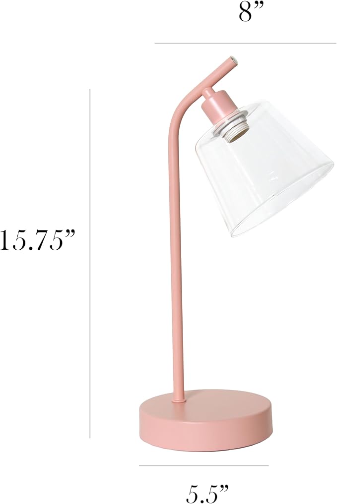 Simple Designs LD1080-BPK 16" Sleek Essentials Modern Industrial Metal Desk Lamp with Clear Glass Shade, for Office, Desk, Nightstand, Dorm, Pink