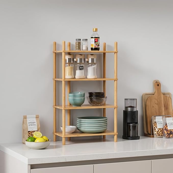 4-Tier Expandable Bamboo Desktop Organizer Shelf Kitchen Cabinet and Counter Riser Display Shelf for Top of Desk Home Office Bathroom Coffee Table Display Stand (1, Natural, 4-Tier)