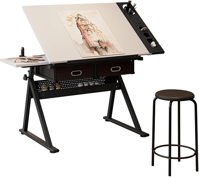 Adjustable Drafting Table Set with Stool, Drawing Desk Artist Table with Storage Drawers, Tiltable Tabletop Art Table Multifunctional Craft Workstation for Home Office