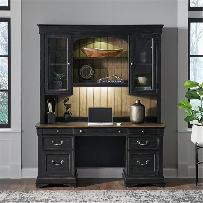 Pemberly Row Modern 5 Piece Jr Executive Desk Set, Aged Charcoal Finish, Poplar Solids with Birch & Maple Veneers, Includes Desk, Credenza & Hutch, LED Lighting, Locking File Drawers for Office Use