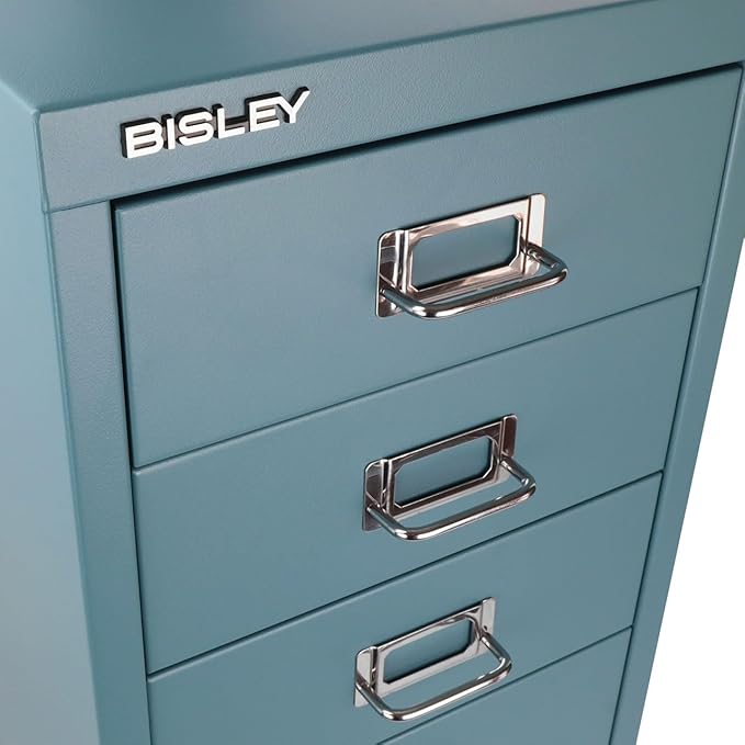 Bisley 6-Drawer Steel MultiDrawer Cabinet - Doulton Blue, Chrome Pull Handles with Label Holders, Powder-Coated Steel, Removable Drawers, Fits Under Most Desks, Labels Included