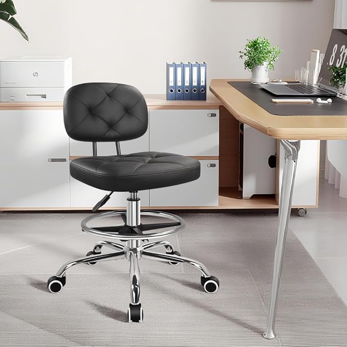 KKTONER Drafting Chair with Backrest Rolling Stool with Wheels Adjustable Footrest Swivel Chair Height Adjustable Office Chair for Shop Counter Studio Work Bar Kitchen (Black)