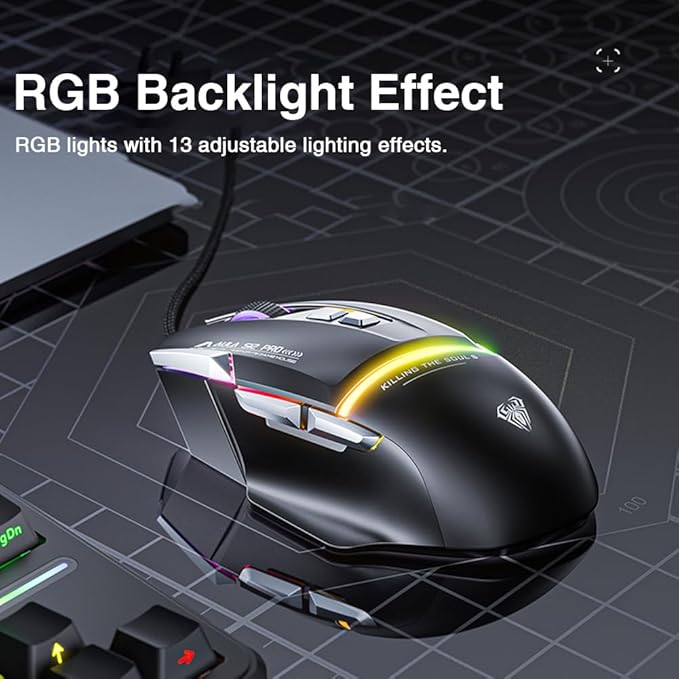 AULA S12Pro White Wired Gaming Mouse,12800 DPI Optical Gamer Mouse with RGB Backlit,8 Programmable Buttons,Software Supports DIY Keybinds Rapid Fire Button