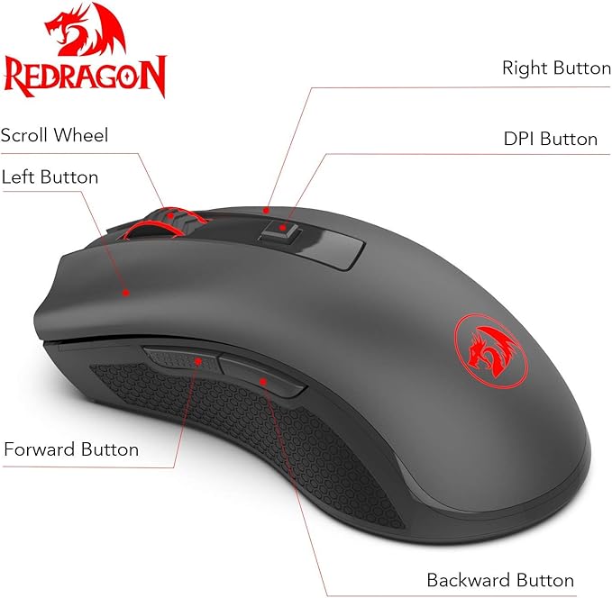 Redragon M652 Optical 2.4G Wireless Mouse with USB Receiver, Portable Gaming & Office Mice, 5 Adjustable DPI Levels, 6 Buttons for Desktop, MacBook, Notebook, PC, Laptop, Computer