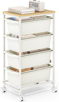 Rolling Storage Cart with 4 Drawers, Craft Organizer, Wooden Tabletop Utility Cart for Bedroom, Children's Room and Office Organization, Table Side Trolley with Lockable Wheels, White