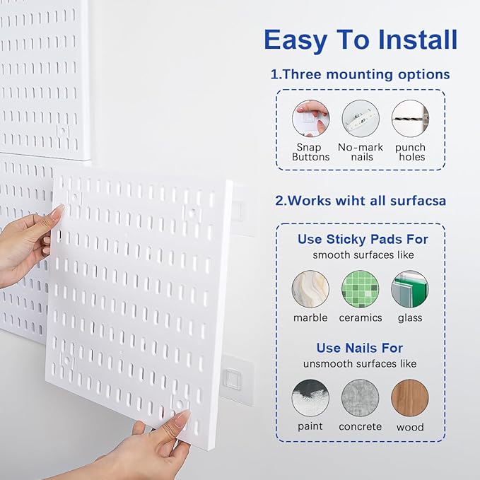 Pegboard Wall Organizer Kit – Heavy Duty 20lbs Load Bearing, Easy Installation, 4 Peg Board Panels 14 Accessories – Multi-Surface Use For Garage, Office, Kitchen & Crafts (White Pegboard,24″×24″)