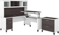 Bush Home Somerset 72W 3 Position Sit to Stand L Shaped Desk with Hutch and File Cabinet in White and Storm Gray