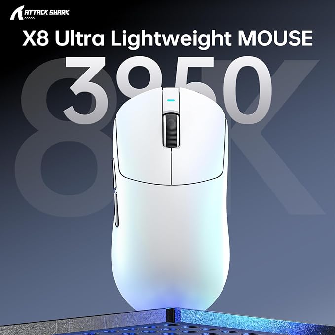 ATTACK SHARK X8 Ultra Wireless Gaming Mouse,55g Ultra-Lightweight BT/2.4GHz Wireless/Wired Mouse,8K Polling Rate,PixArt PAW3950MAX Sensor,42000 DPI,Gamer Mice for PC/Win/Mac/Big Hand (White)